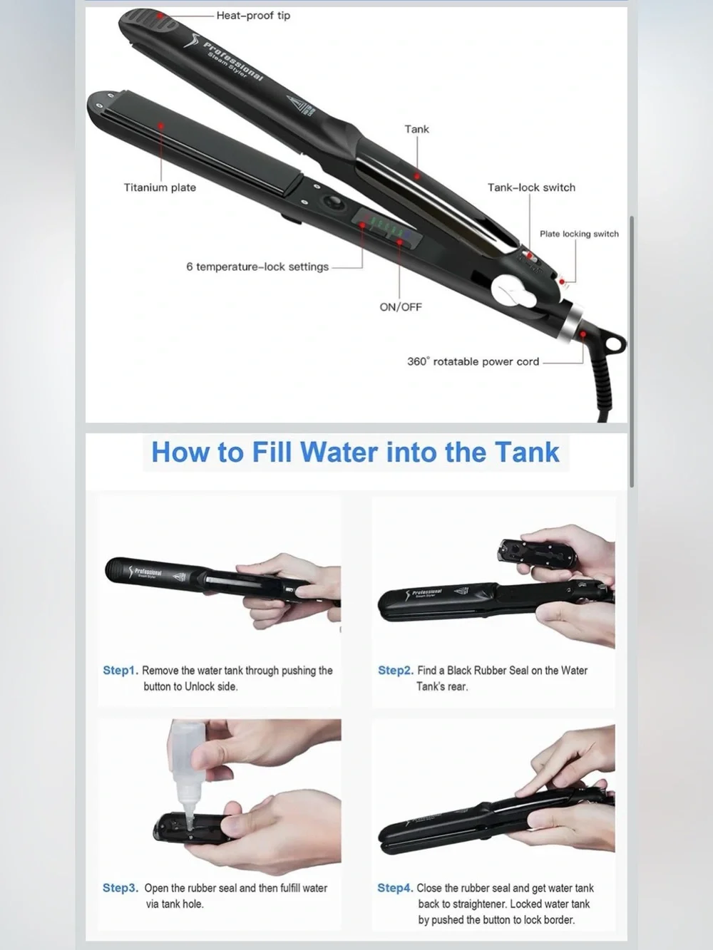 black professional steam hair straightener flat iron featuring ceramic plate